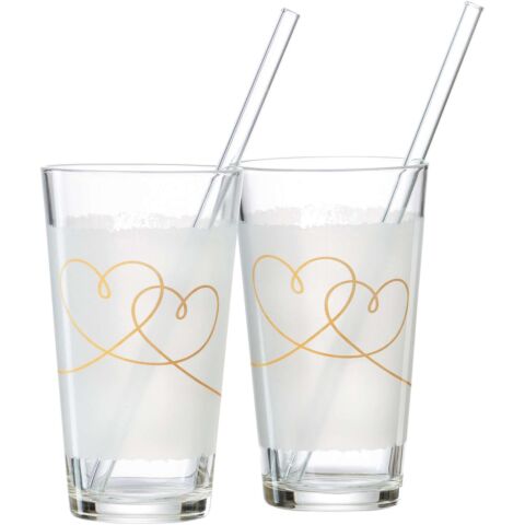 Lea Heart Latte-M Drinkglas met Glazenrietje Set van 2 stuks