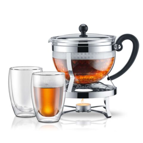 Chambord Set Theepot met Kunststof Filter, Rechaud en 2 Dubbelwandige Glazen 1,3 liter
